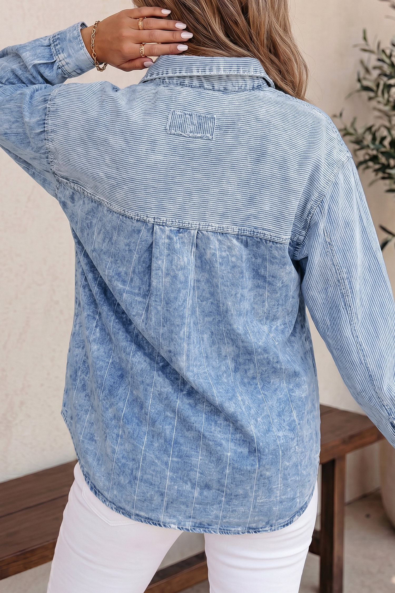 Color Block Washed Denim Shirt, Women's Retro Stripe - Detail View 2