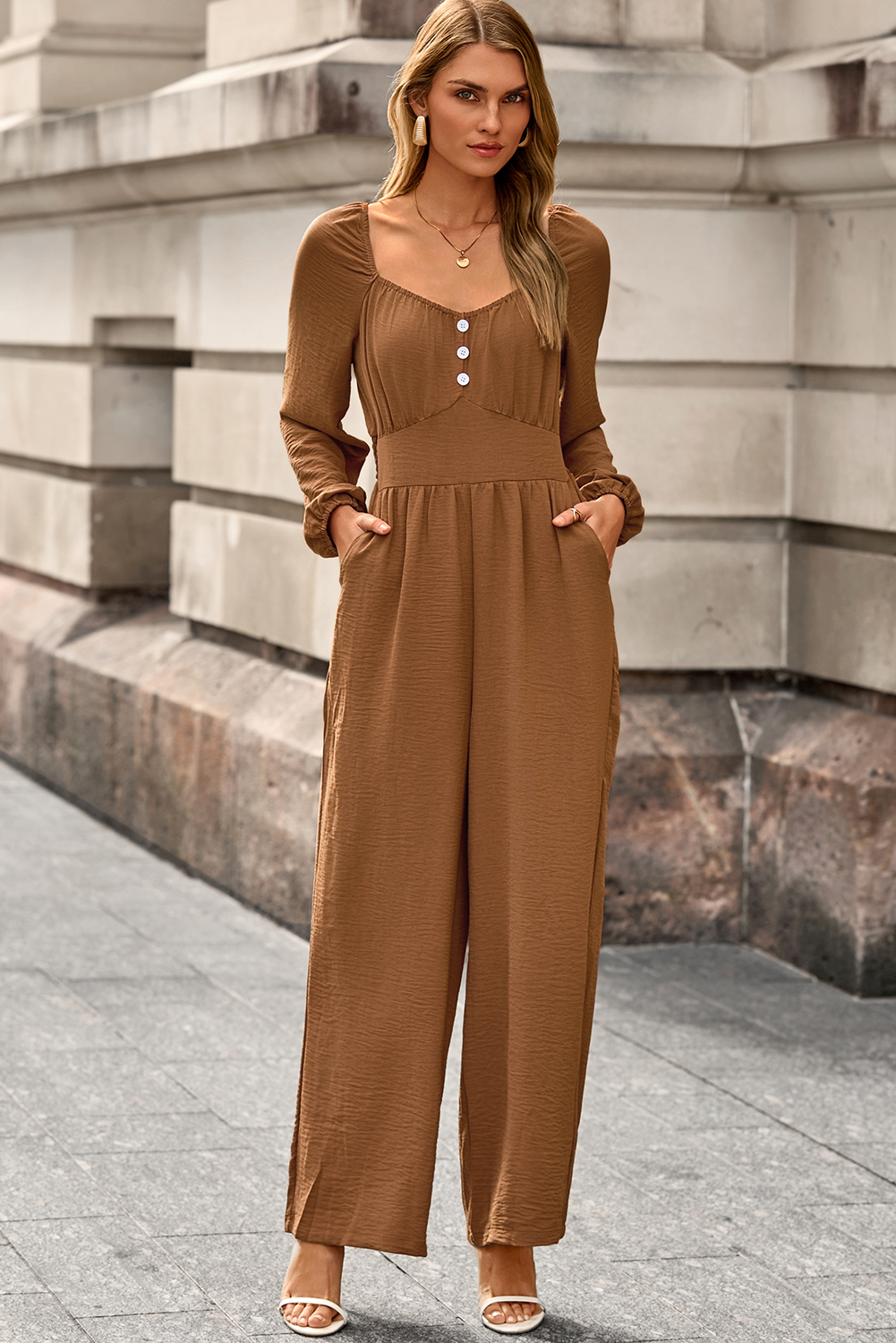 Women's Elegant Autumn Jumpsuit, Solid Color Button Detail - Detail View 8