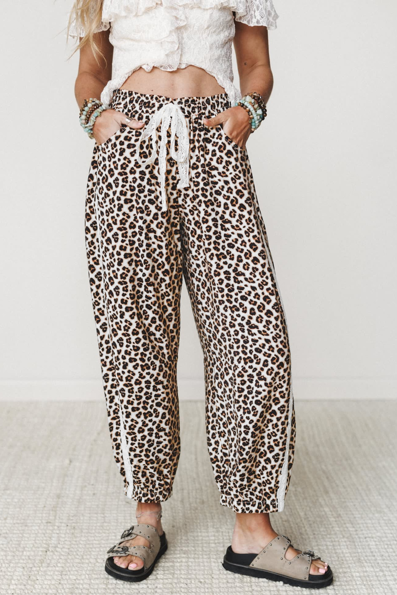 Women's Casual Leopard Joggers, Ankle Length Lace Detail - Detail View 8