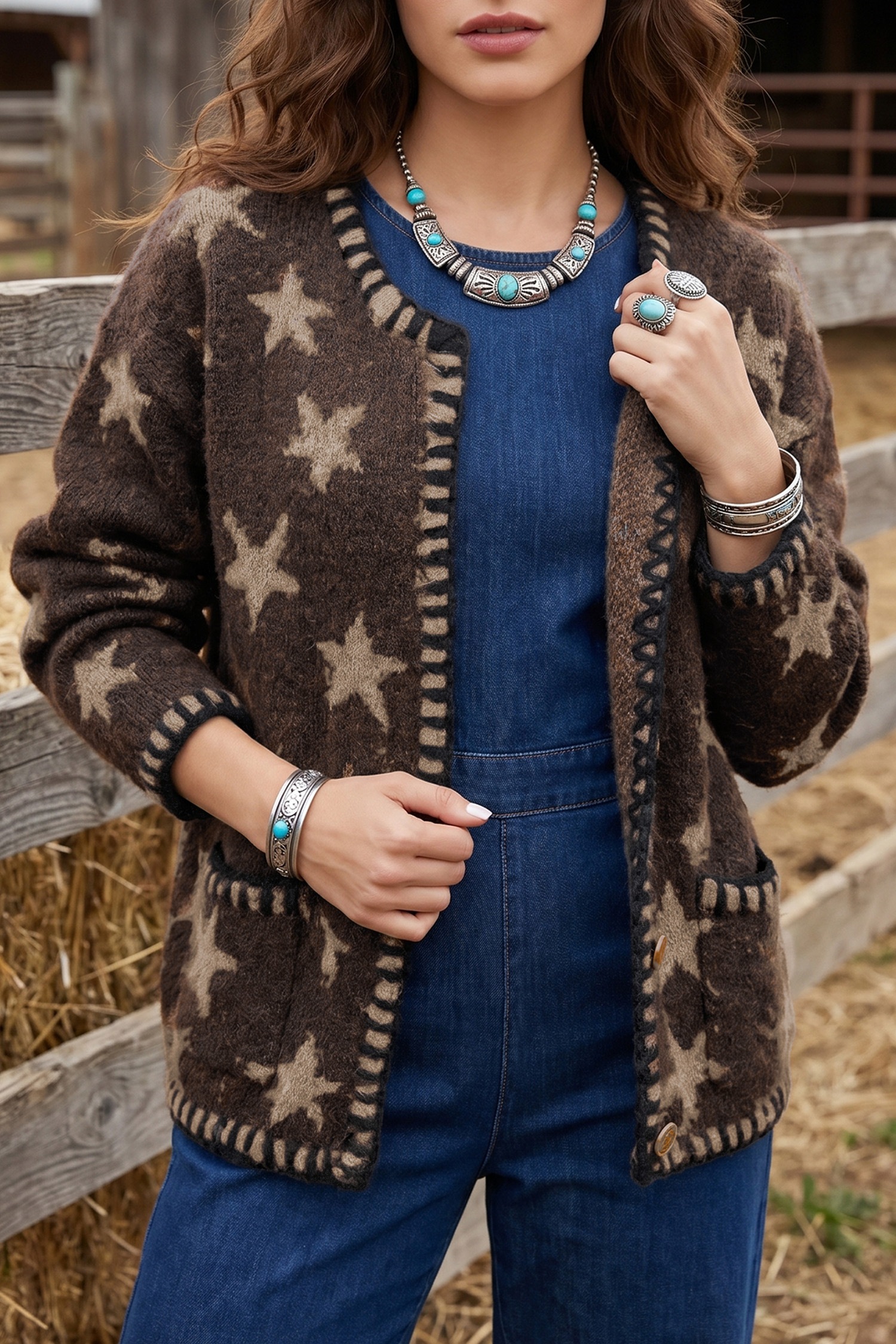 Brown Star Print Cardigan, Long Sleeve Fall Layering Piece - Detail View 2