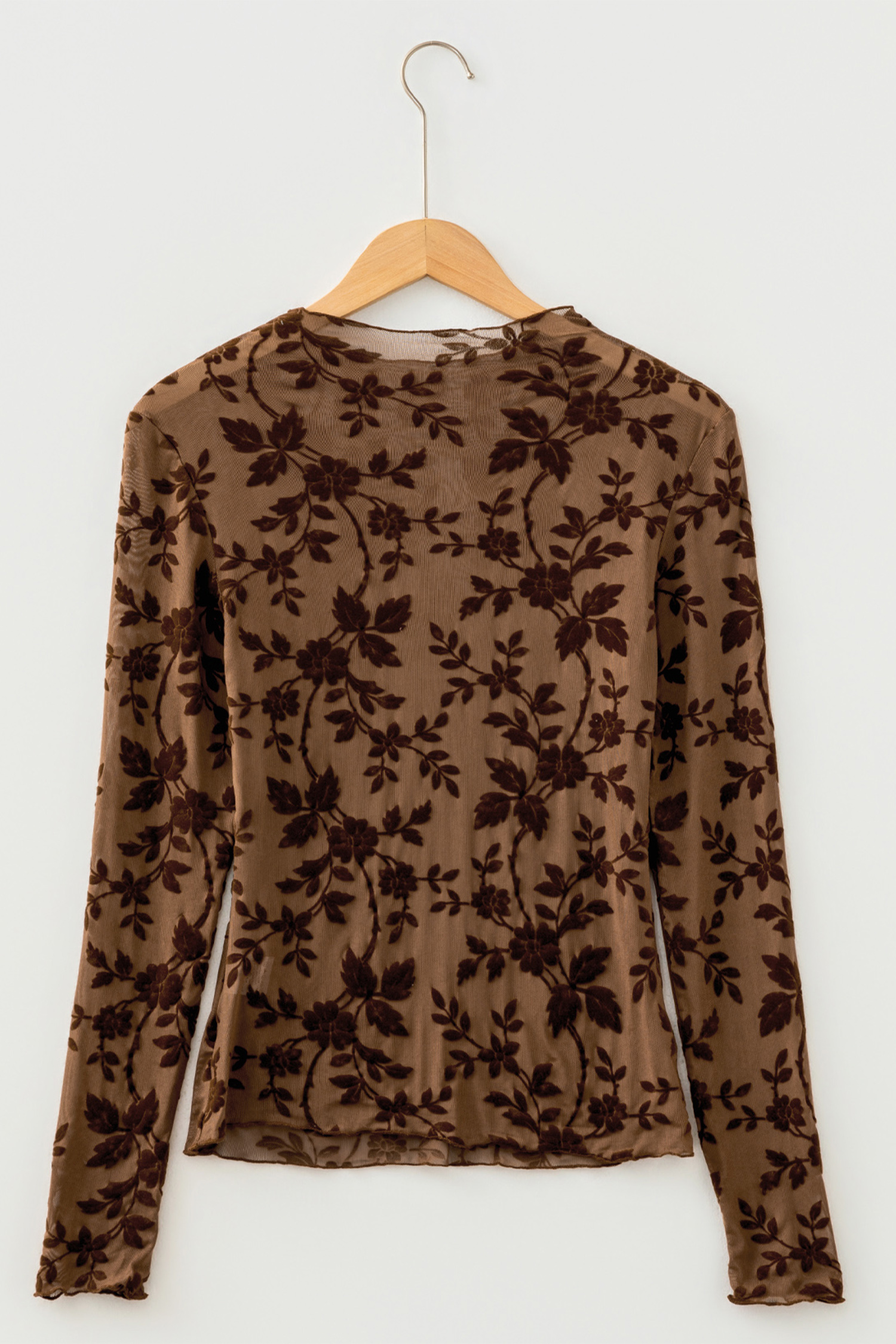 Sexy Floral Mesh Round Neck Top, Fitted Long Sleeve Blouse - Detail View 5