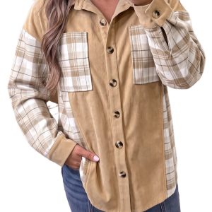 Women's Plaid Shacket, Colorblock Corduroy Button Up Shirt - Main View