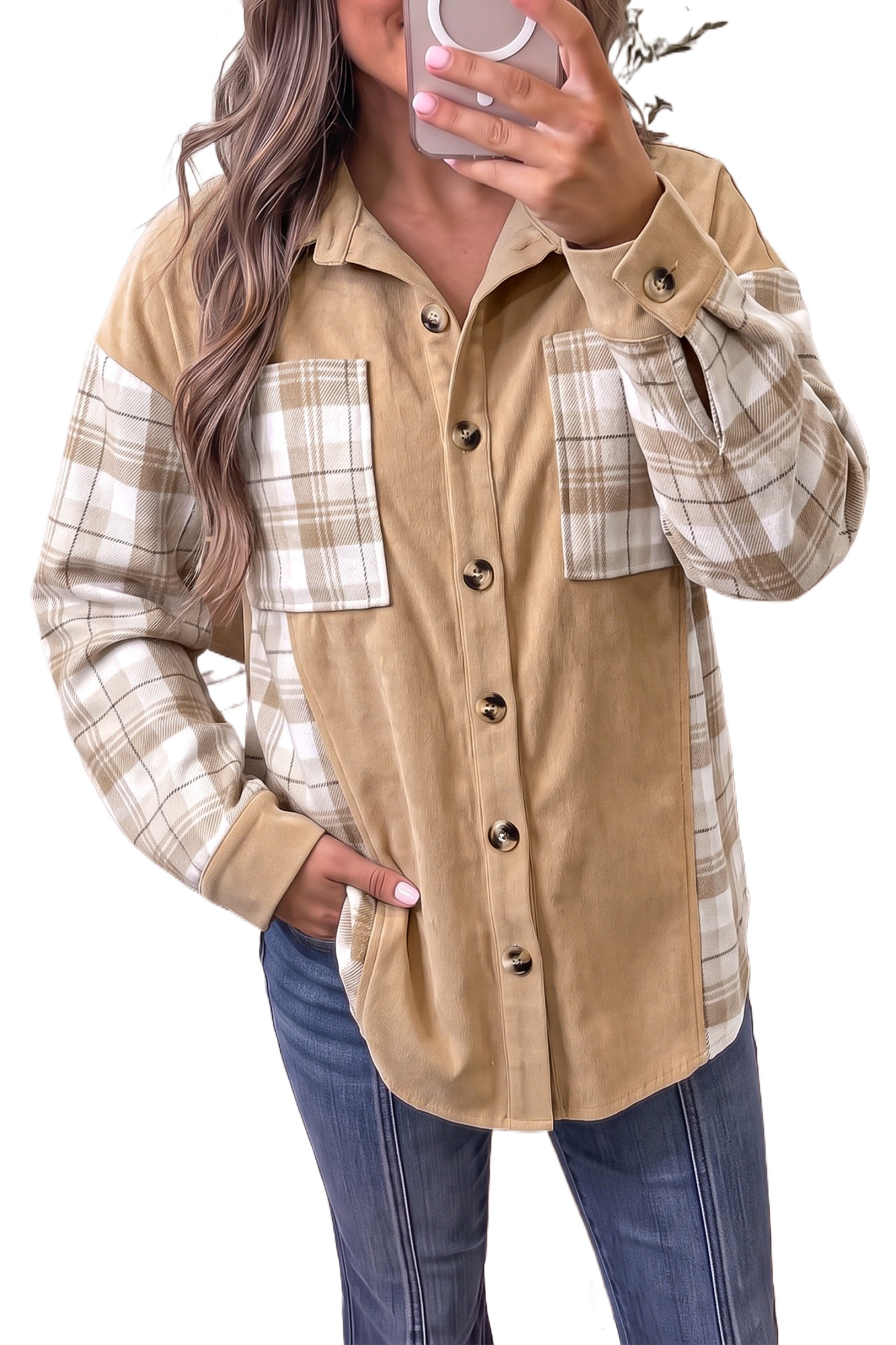 Women's Plaid Shacket, Colorblock Corduroy Button Up Shirt - Main View