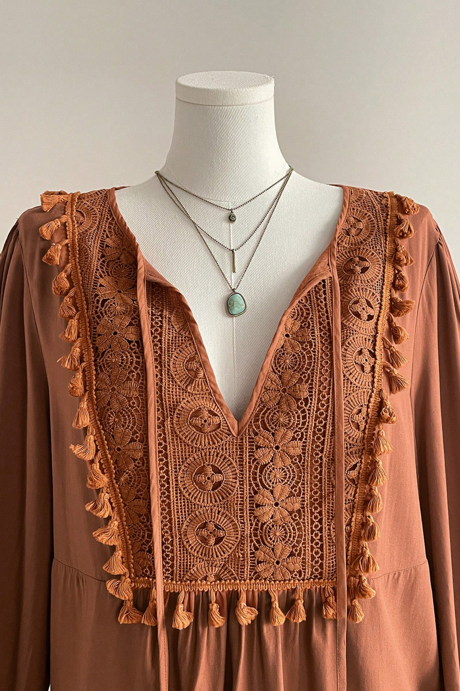 Women's Chestnut Blouse, Boho Embroidered Tassel Peplum Top - Detail View 7