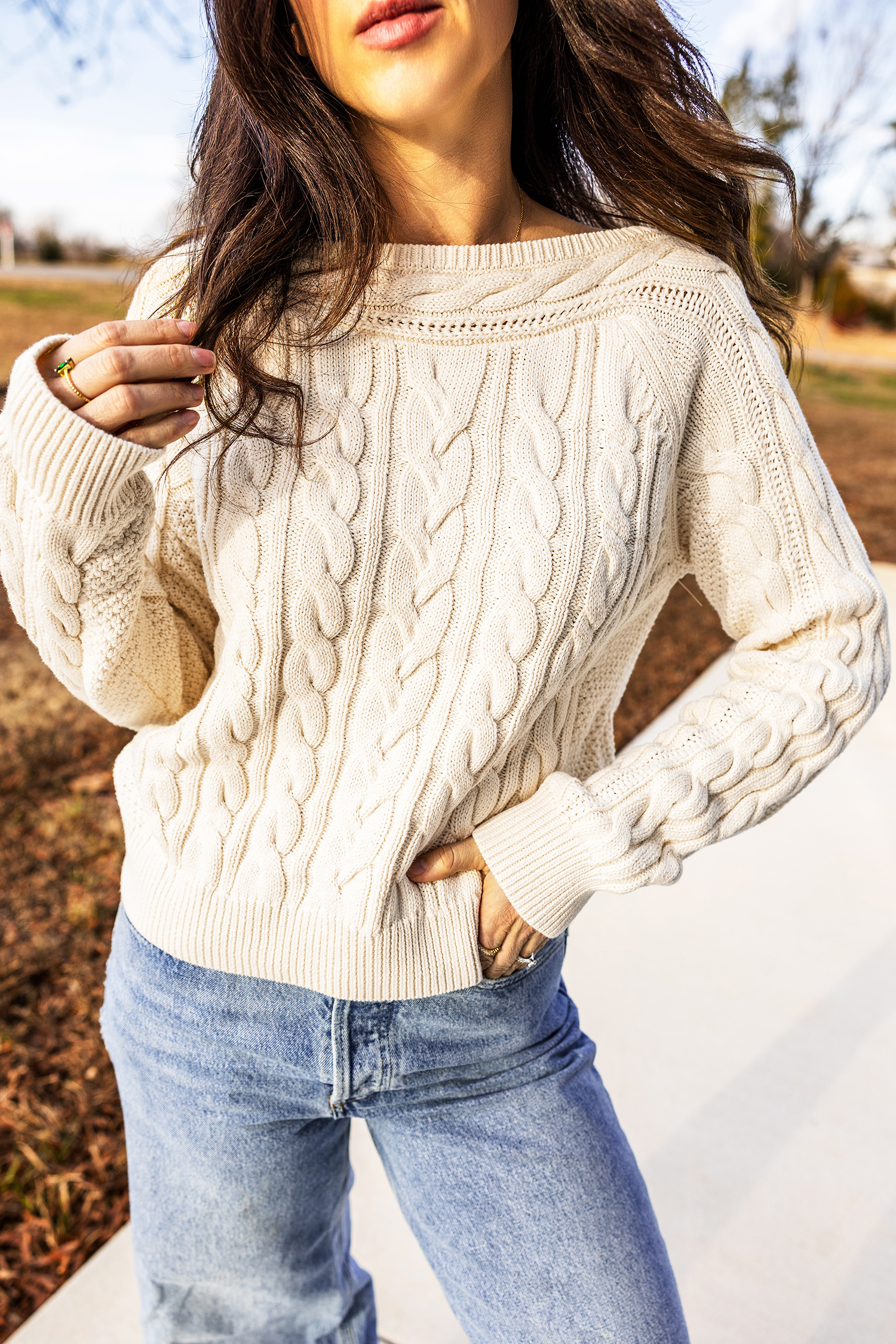 Vintage Style Cable Knit Sweater, Soft Beige Daily Pullover - Detail View 3