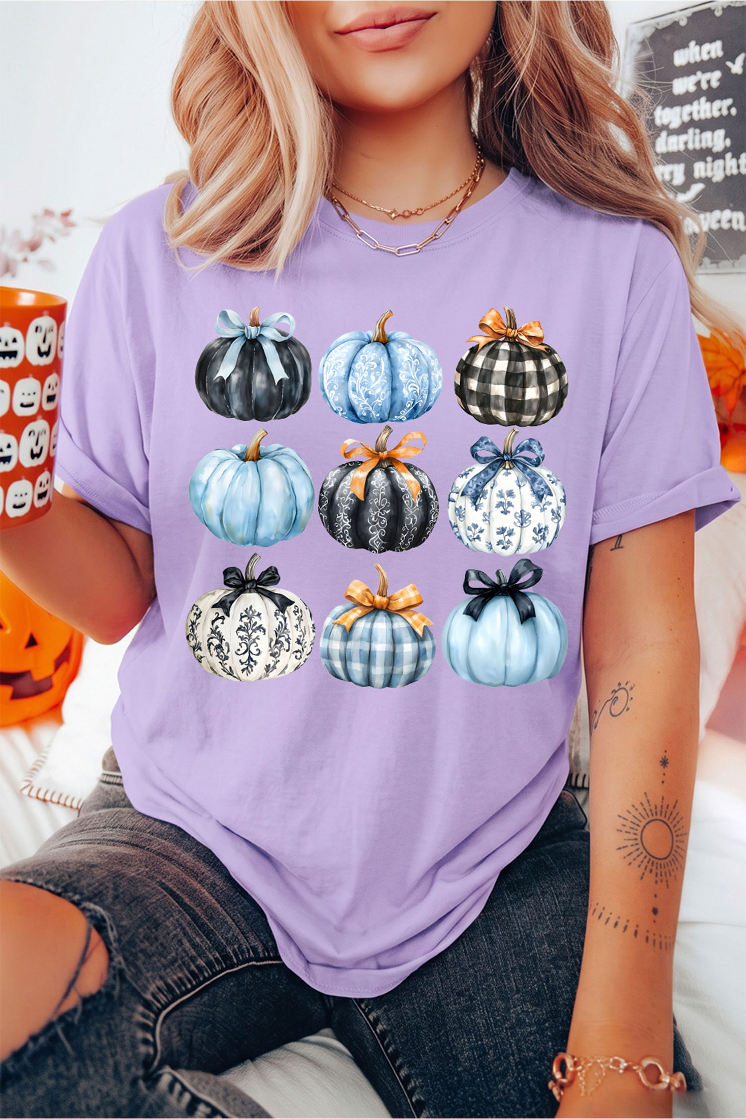 Cotton Blend Pumpkin T Shirt, Casual Women's Shift Top - Detail View 6