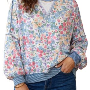 Women's Floral Long Sleeve Top, Casual Multicolour Pullover - Main View