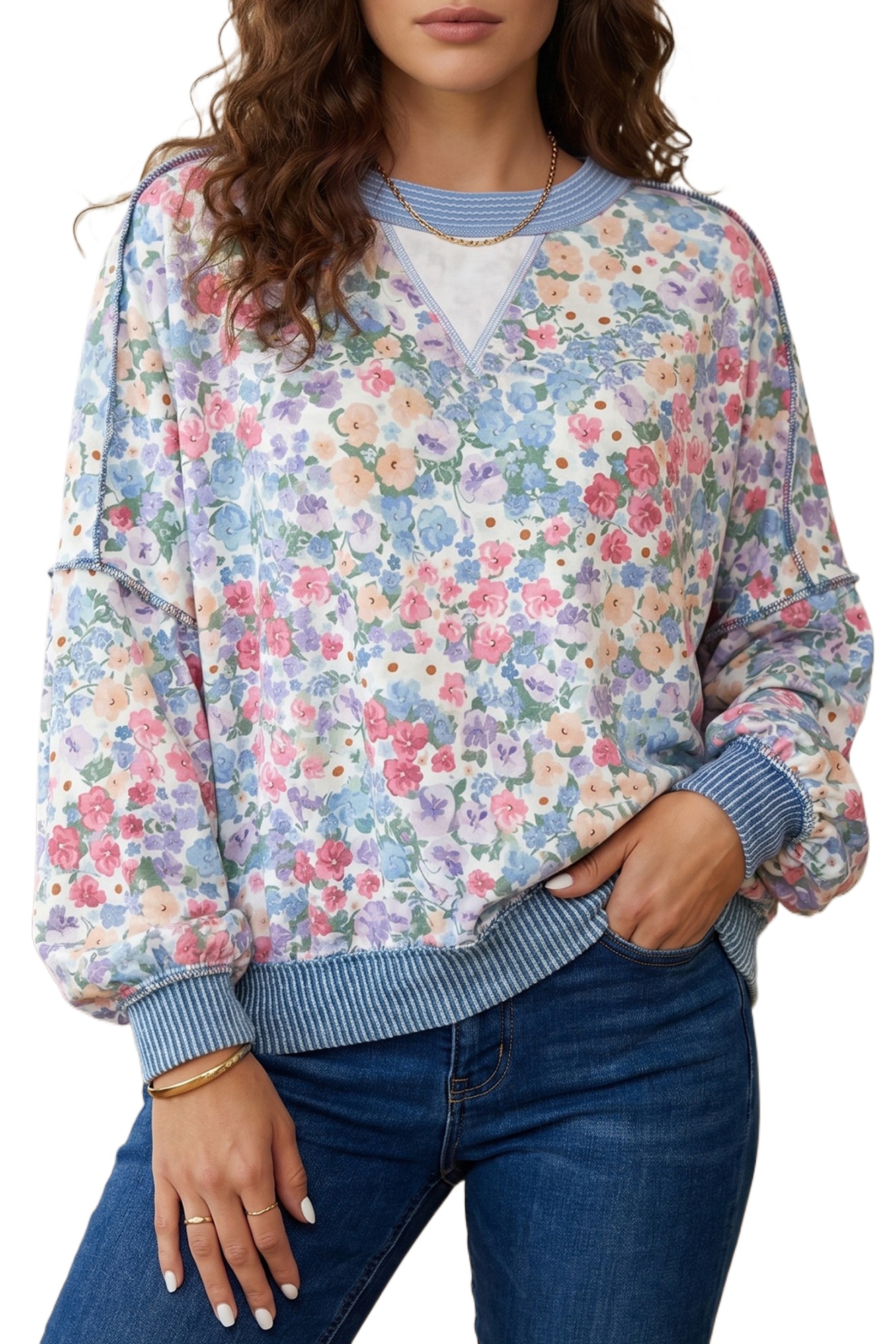 Women's Floral Long Sleeve Top, Casual Multicolour Pullover - Main View
