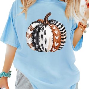 Women's Pumpkin Graphic T-Shirt, Casual Light Blue Fall Top - Main View