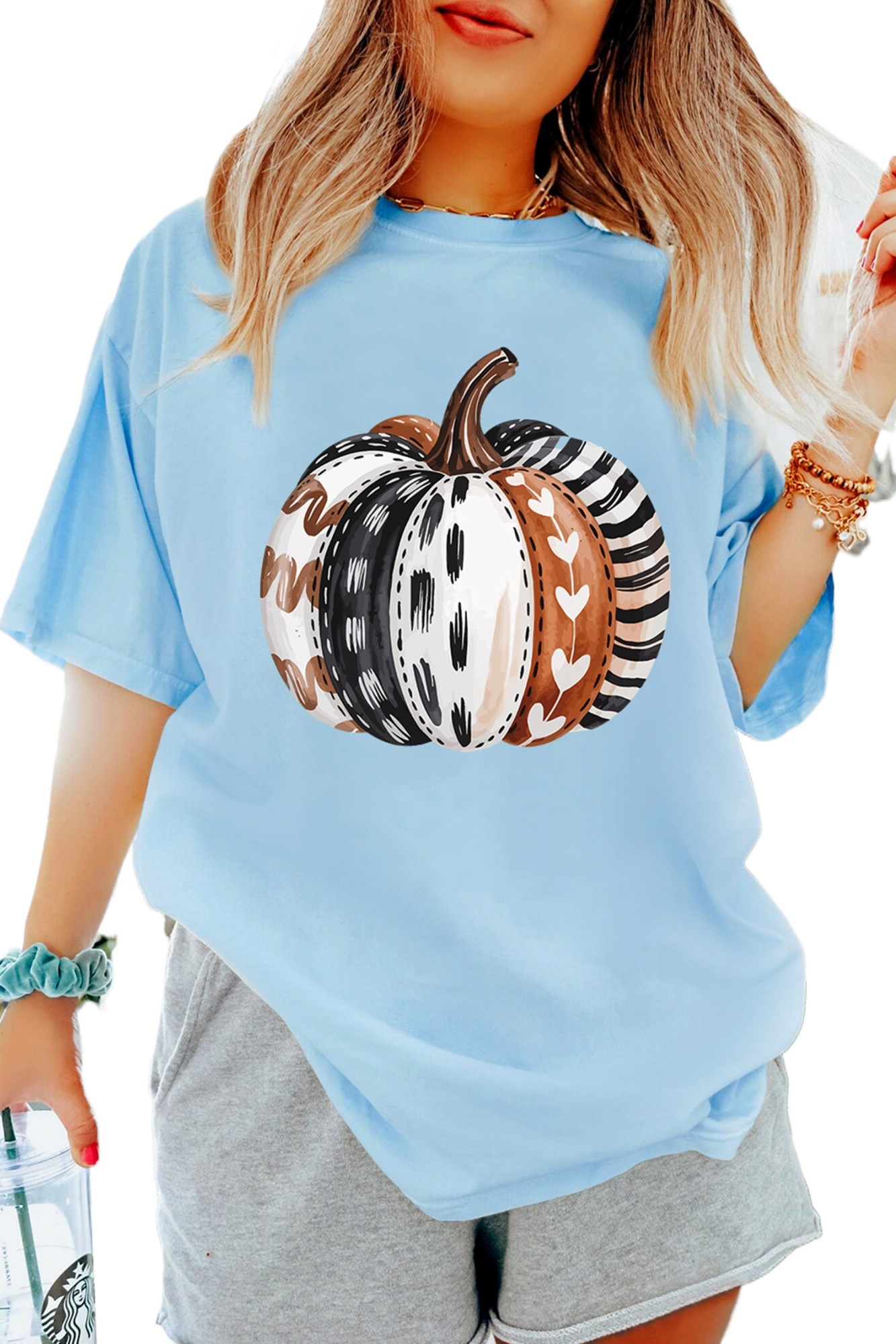 Women's Pumpkin Graphic T-Shirt, Casual Light Blue Fall Top - Main View