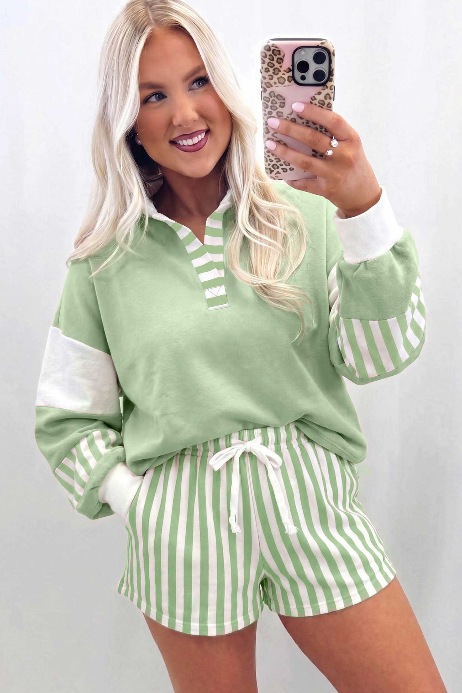 Two Piece Smoke Green Outfit, Women's Long Sleeve Short Set - Detail View 3