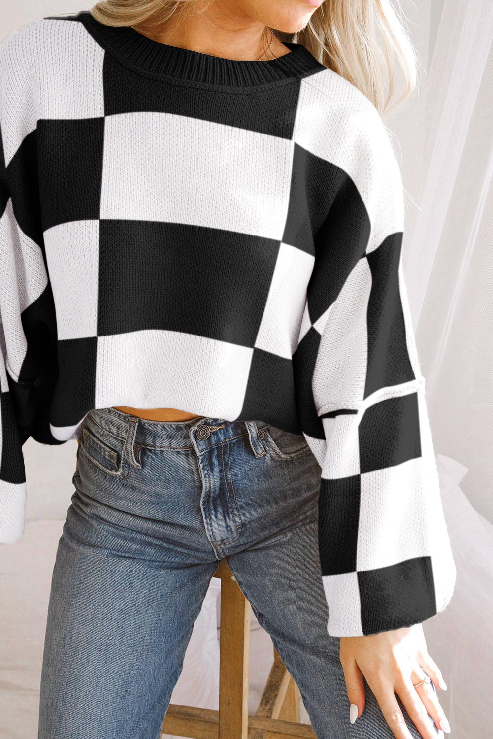 Checkered Knit Sweater, Stylish Drop Shoulder Fall Pullover - Detail View 5