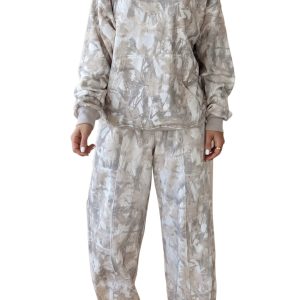 Women's Abstract Print Pant Set, Casual Hooded Lounge Outfit - Main View