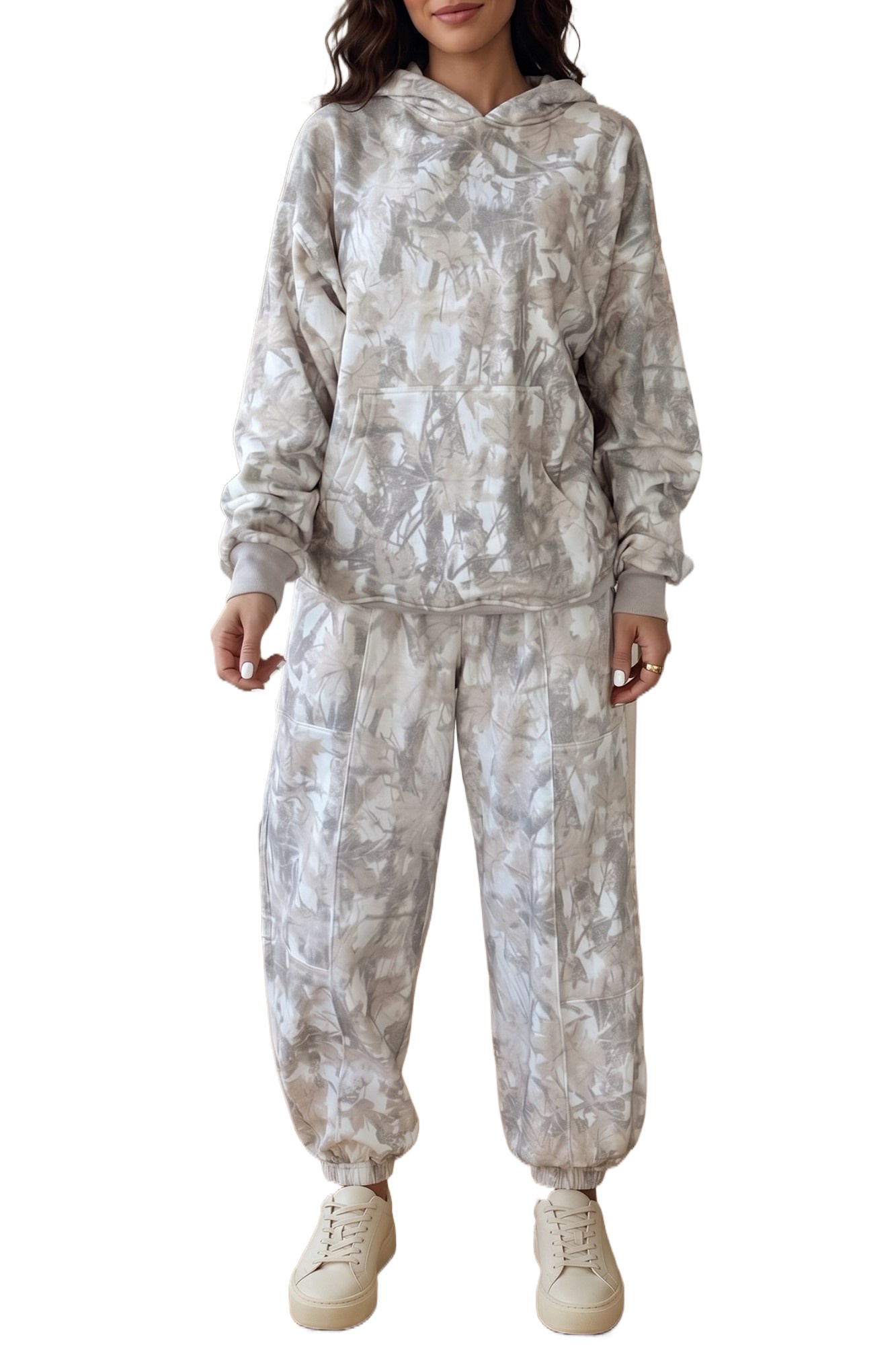 Women's Abstract Print Pant Set, Casual Hooded Lounge Outfit - Main View