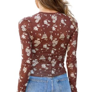 Women's Floral Mesh Top, Long Sleeve Casual Brown Blouse - Main View