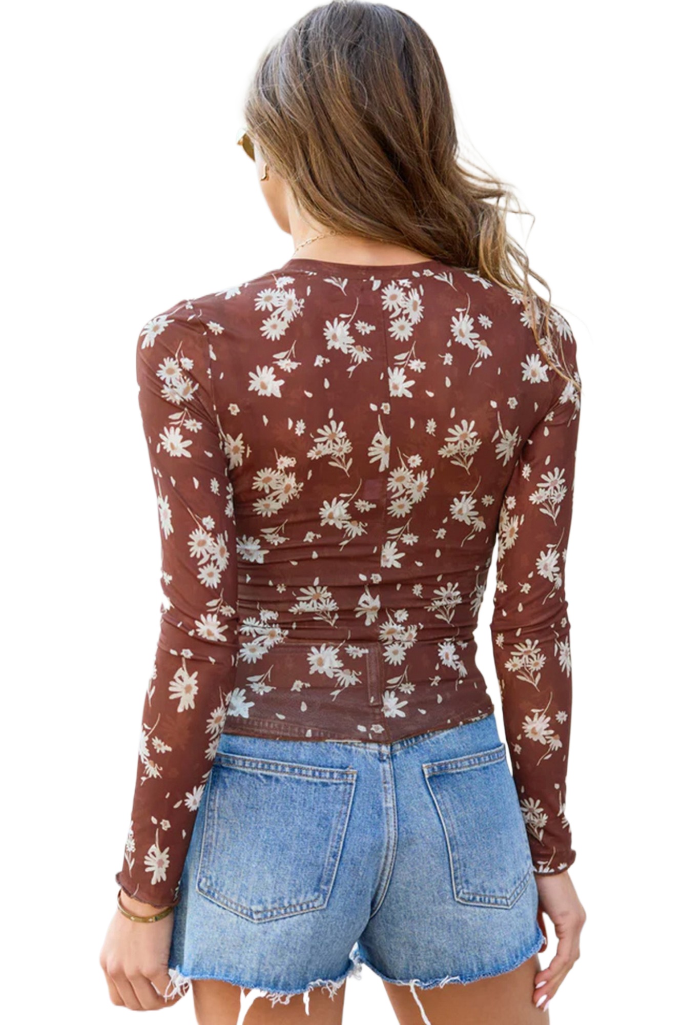 Women's Floral Mesh Top, Long Sleeve Casual Brown Blouse - Main View