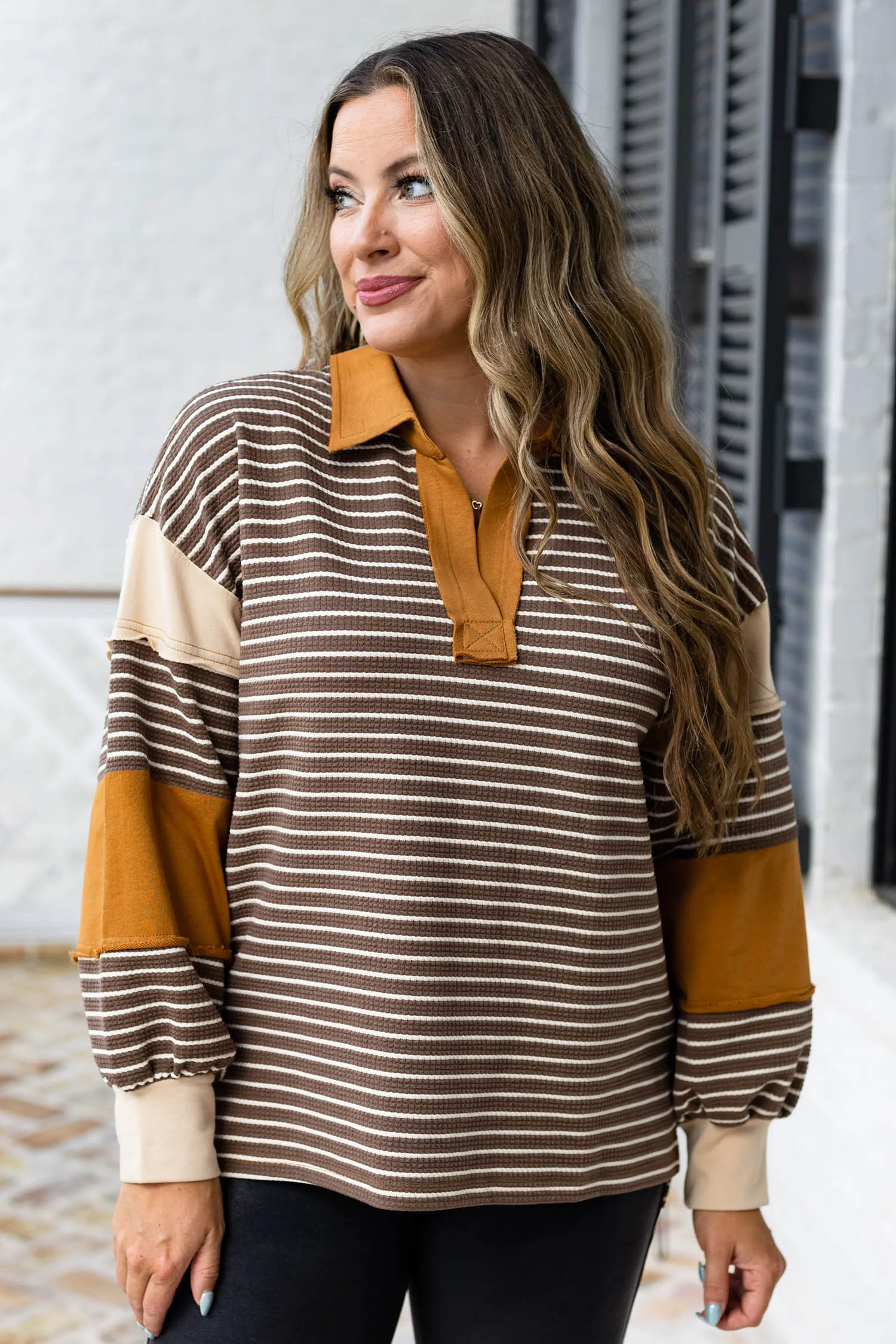 Casual Brown Stripe Blouse, Patchwork V Neck Long Sleeve Top - Detail View 5