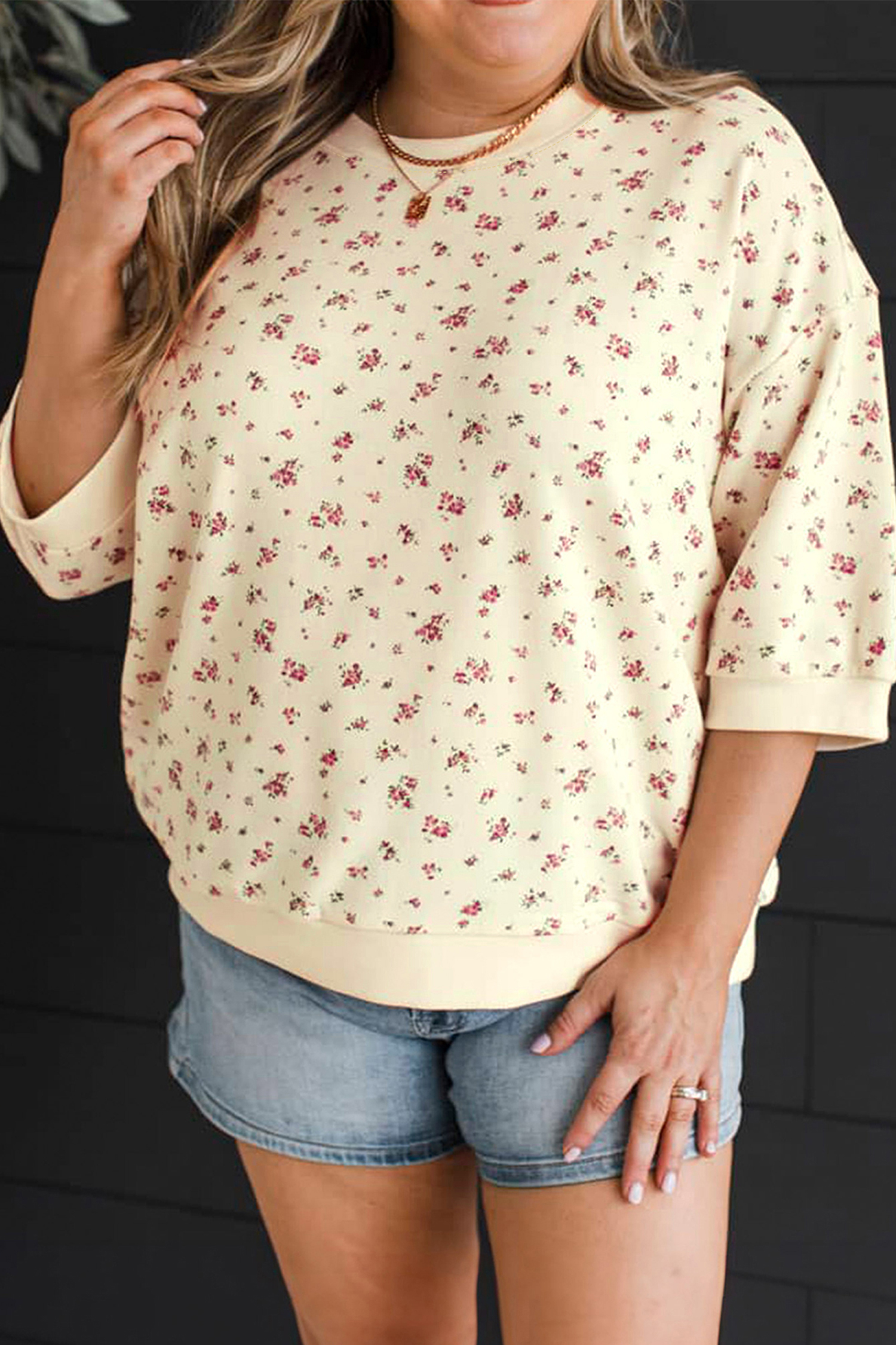 Beige Floral Print Top, Bracelet Sleeve Spring Casual Blouse - Detail View 5