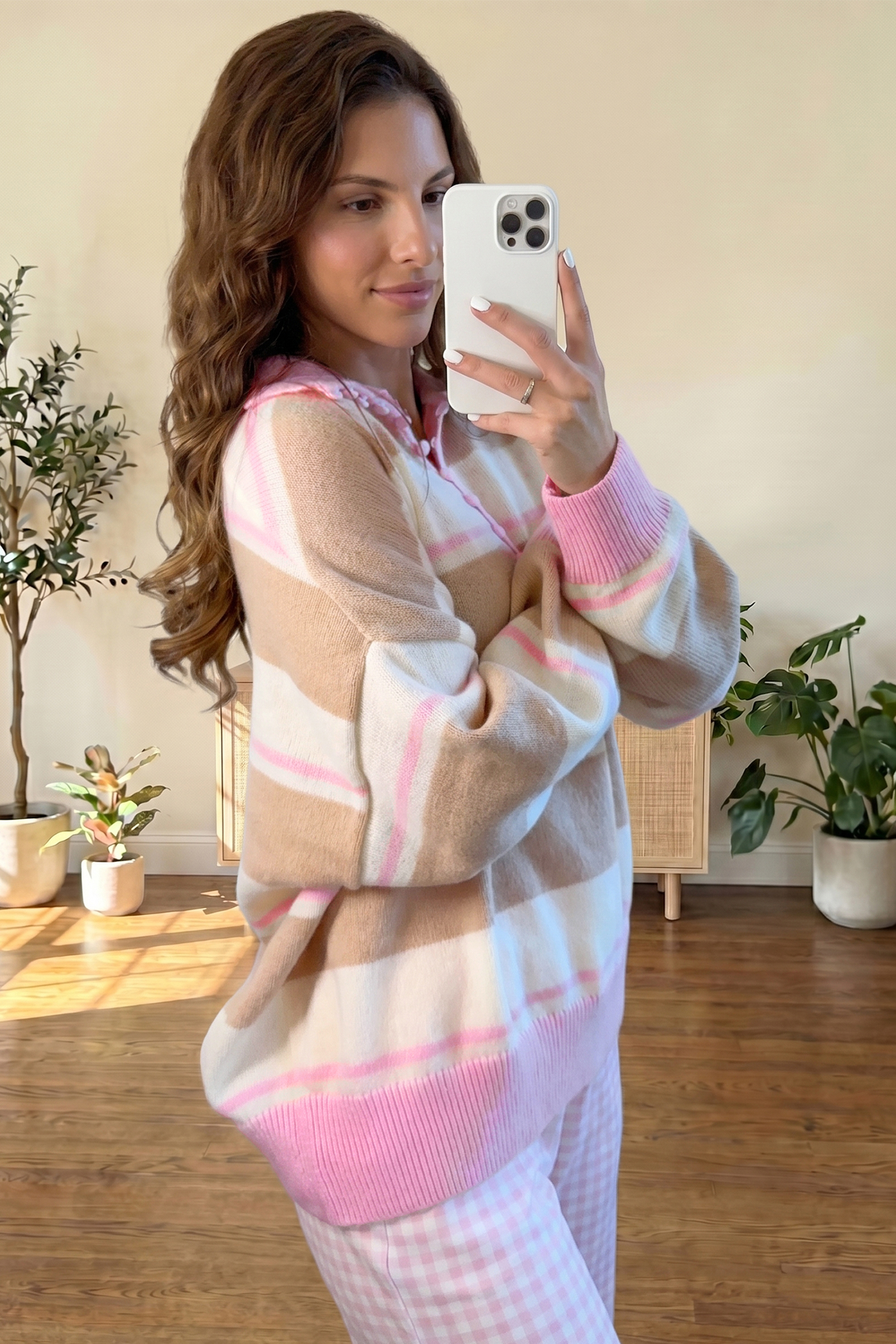 Women's Khaki Stripe Sweater, Apres Ski Long Sleeve Top - Detail View 2