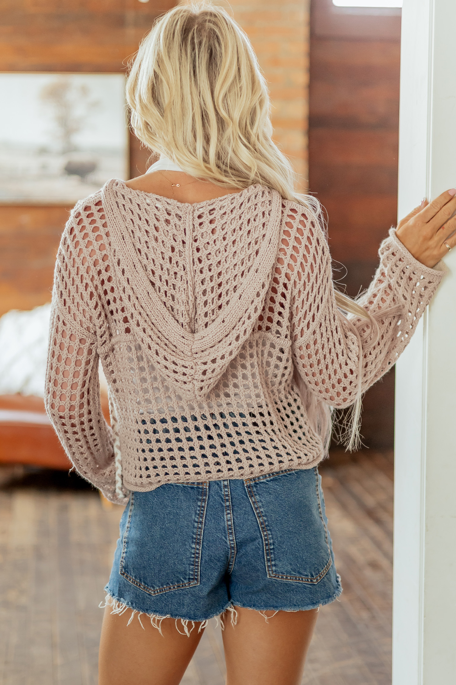 Women's Open Knit Star Sweater, Casual Hooded Pullover Top - Detail View 2