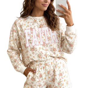 Women's Floral Faith Lounge Set, Casual Long Sleeve Shorts - Main View