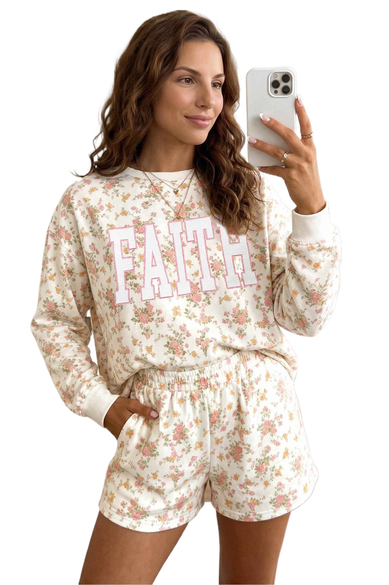 Women's Floral Faith Lounge Set, Casual Long Sleeve Shorts - Main View