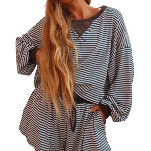 Women's Striped Lounge Set, Oversized Long Sleeve Casual Wear - Main View