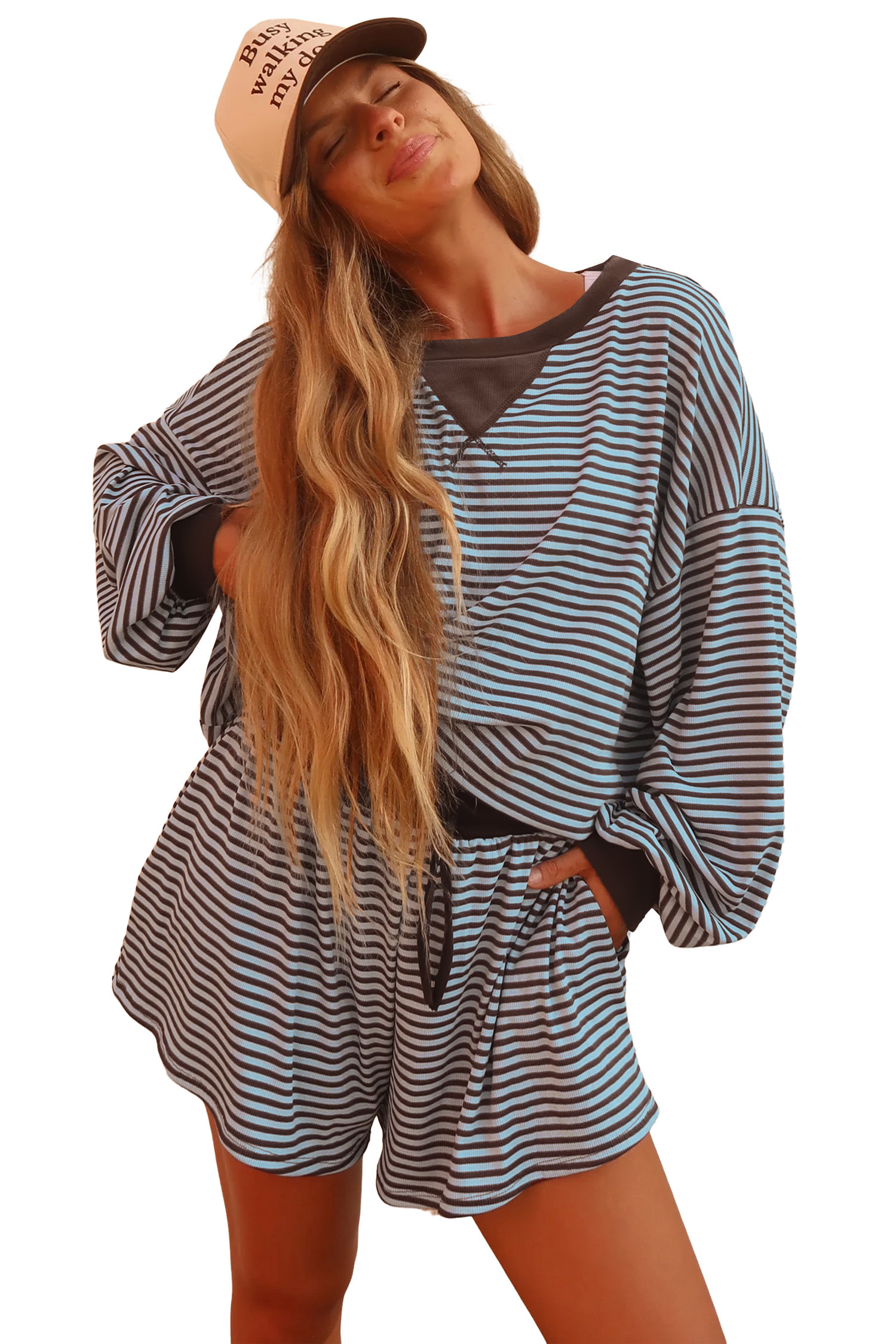 Women's Striped Lounge Set, Oversized Long Sleeve Casual Wear - Main View