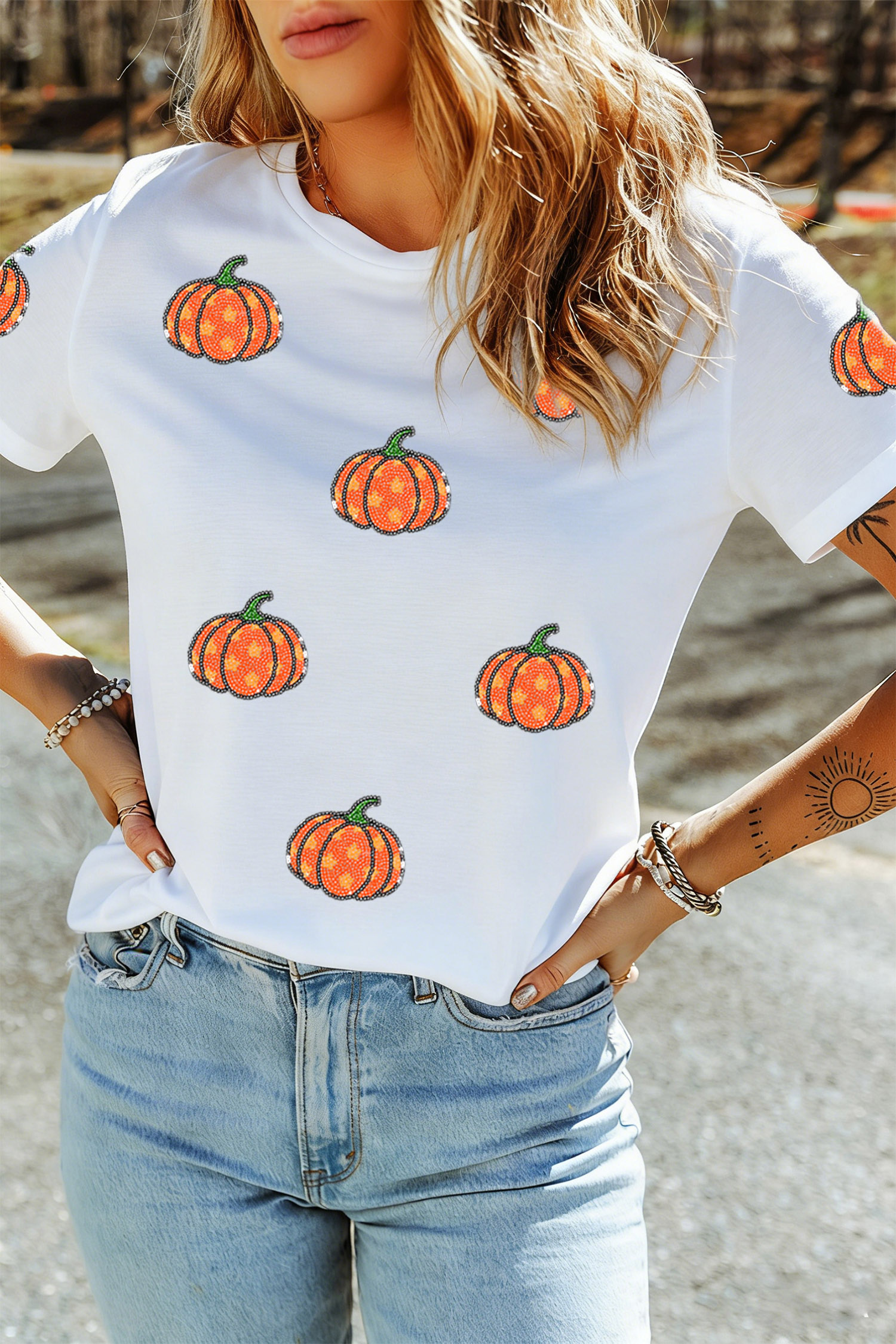 White Pumpkin Print Graphic Top, Women's Seasonal Casual - Detail View 6