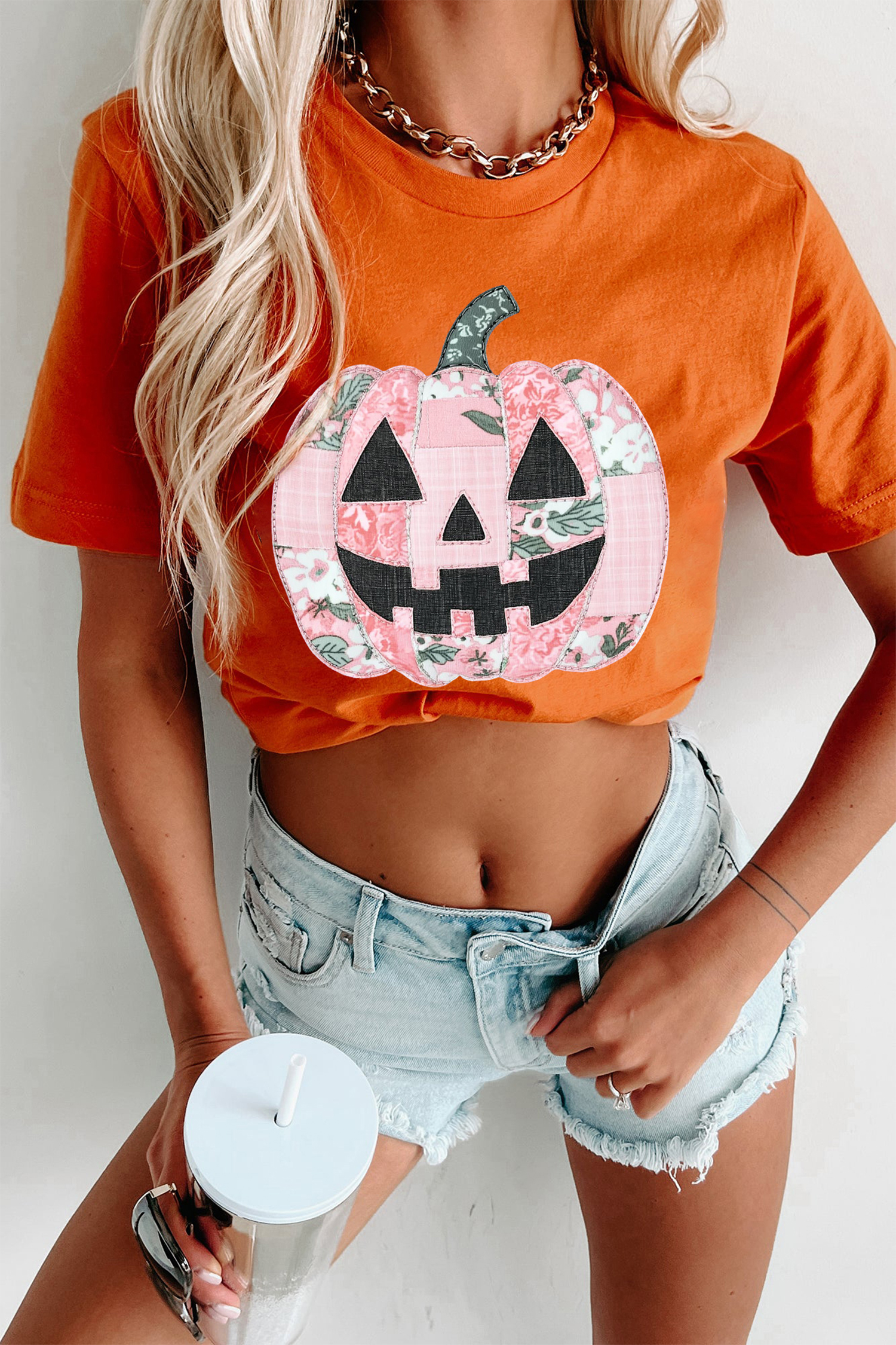 Graphic Pumpkin Tee, Patchwork Halloween Shirt for Women - Detail View 5
