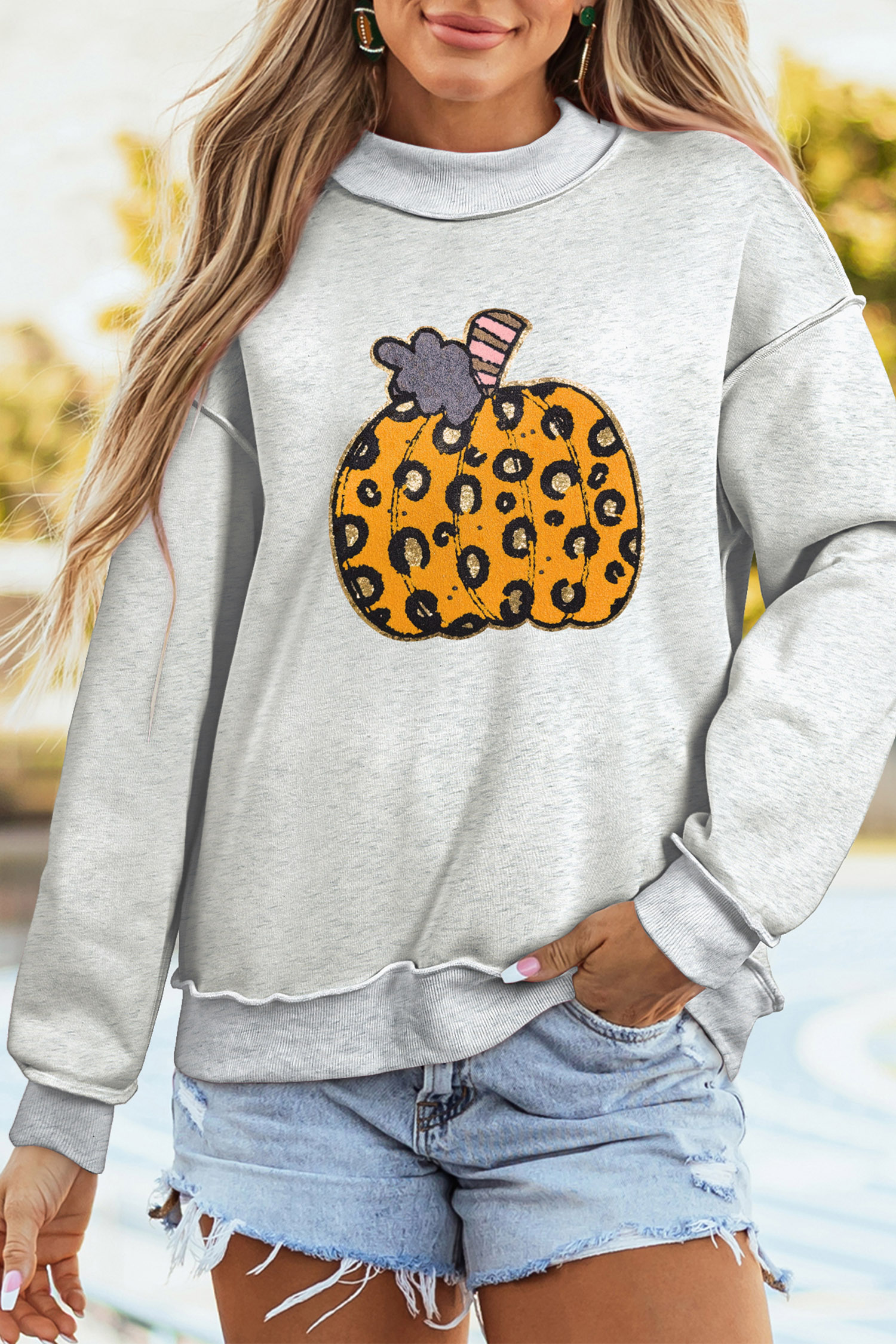 Leopard Print Pumpkin Graphic Tee, Women's Autumn Mock Neck - Detail View 5