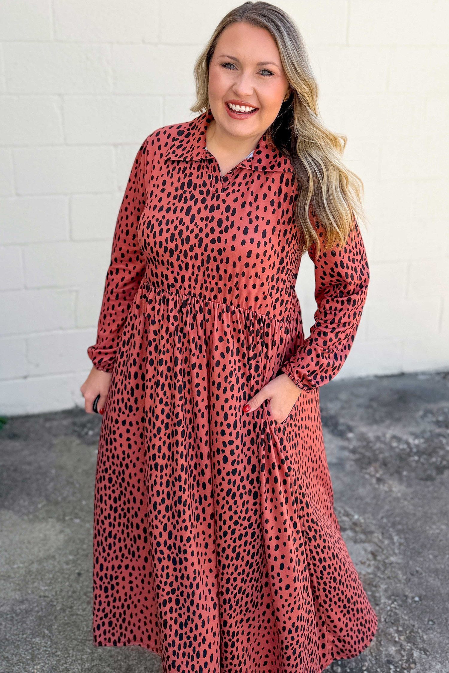 Women's Red Leopard Dress, Elegant Collared Long Sleeve - Detail View 8