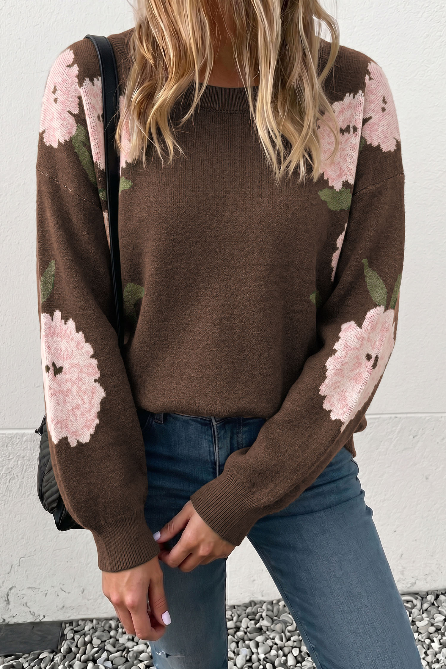 Elegant Brown Floral Sweater, Relaxed Long Sleeve Pullover - Detail View 5