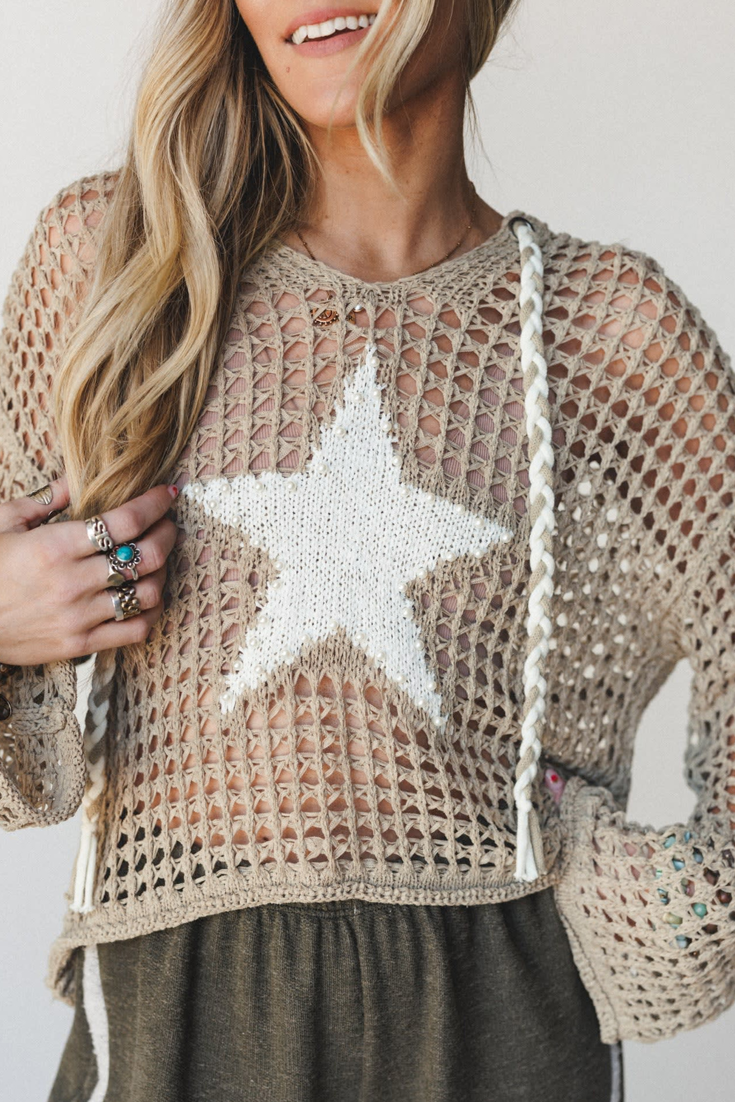 Women's Star Crochet Hoodie, Casual Long Sleeve Knit Sweater - Detail View 10