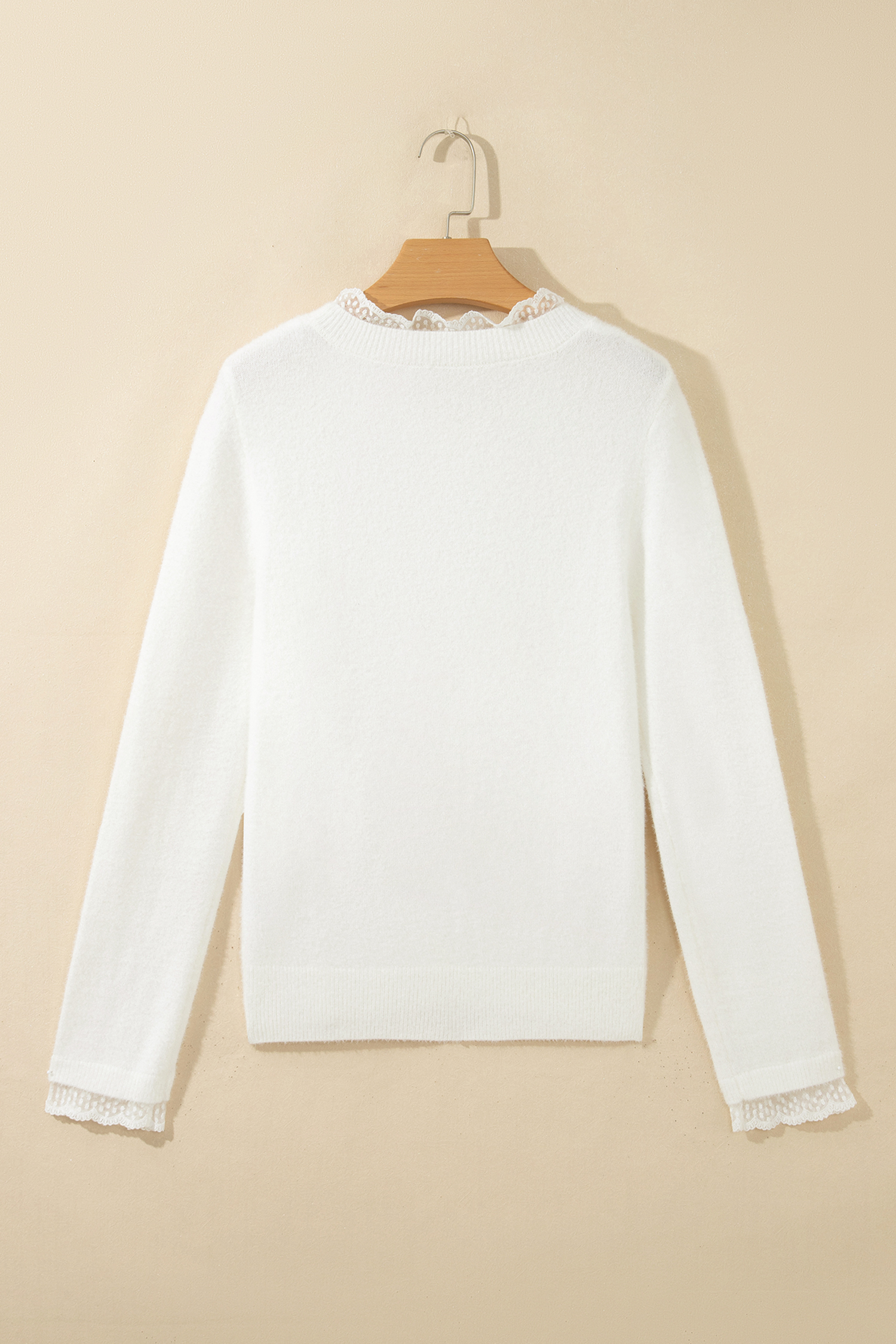 White Lace Trim Sweater, Casual Knit Pullover for Women - Detail View 7