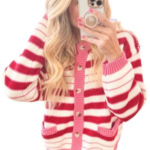 Women's Striped Button Down Cardigan, Casual Fall Knit Top - Main View