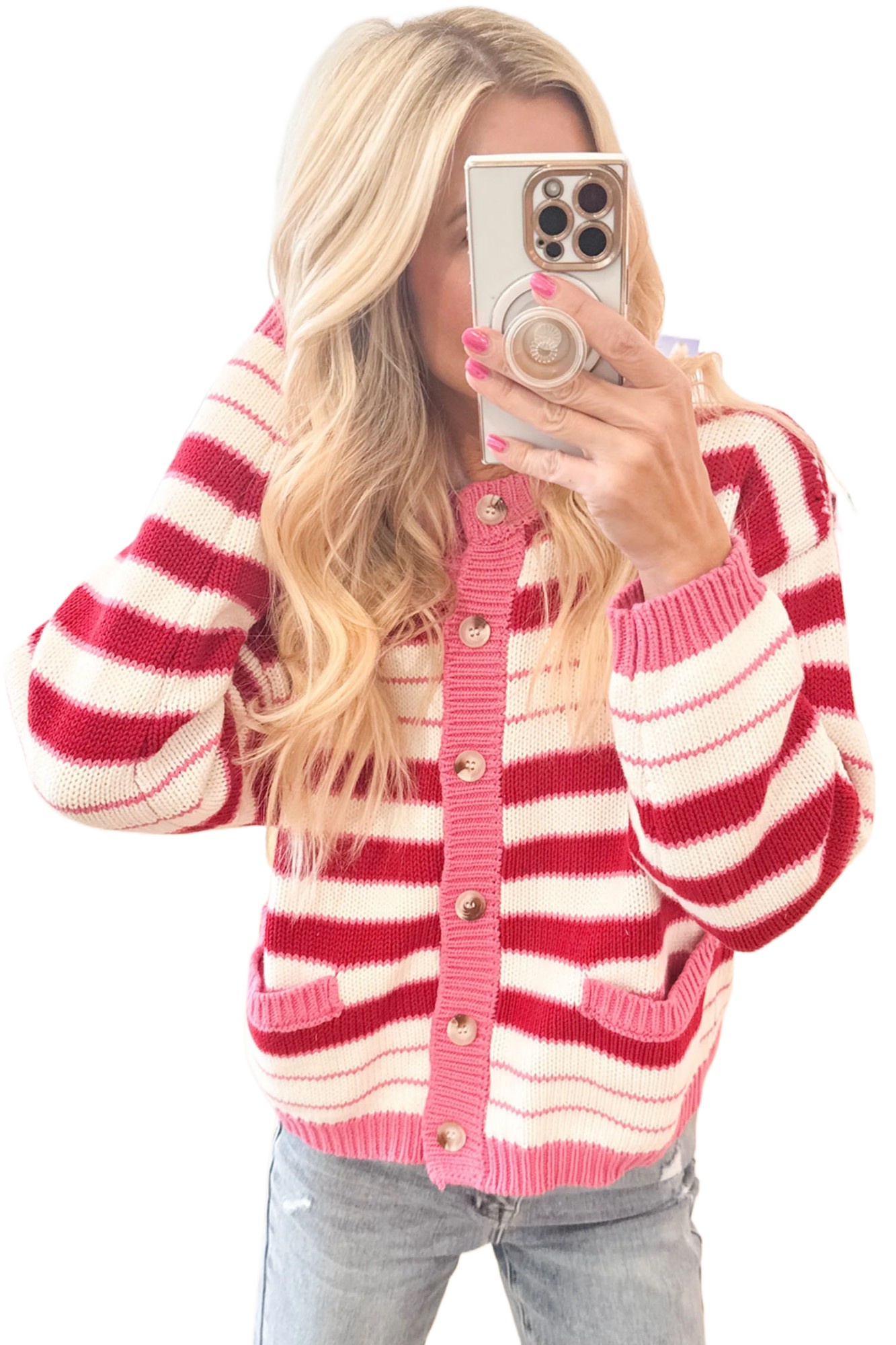 Women's Striped Button Down Cardigan, Casual Fall Knit Top - Main View