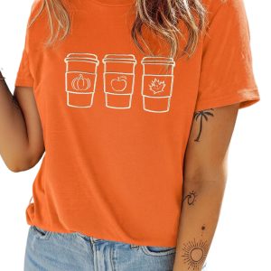 Women's Fall Graphic Tee, Orange Embroidered Coffee Cup Shirt - Main View