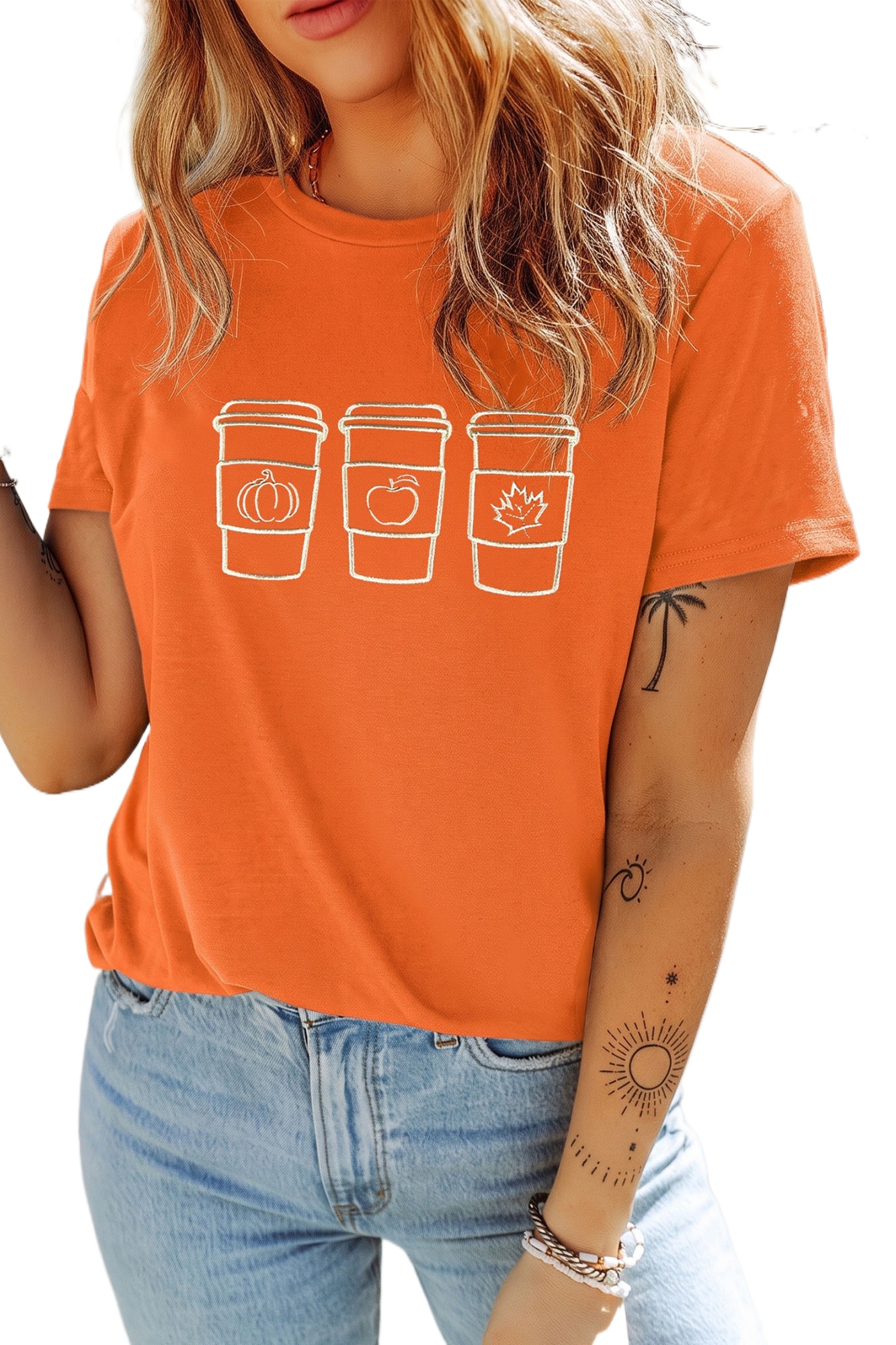Women's Fall Graphic Tee, Orange Embroidered Coffee Cup Shirt - Main View