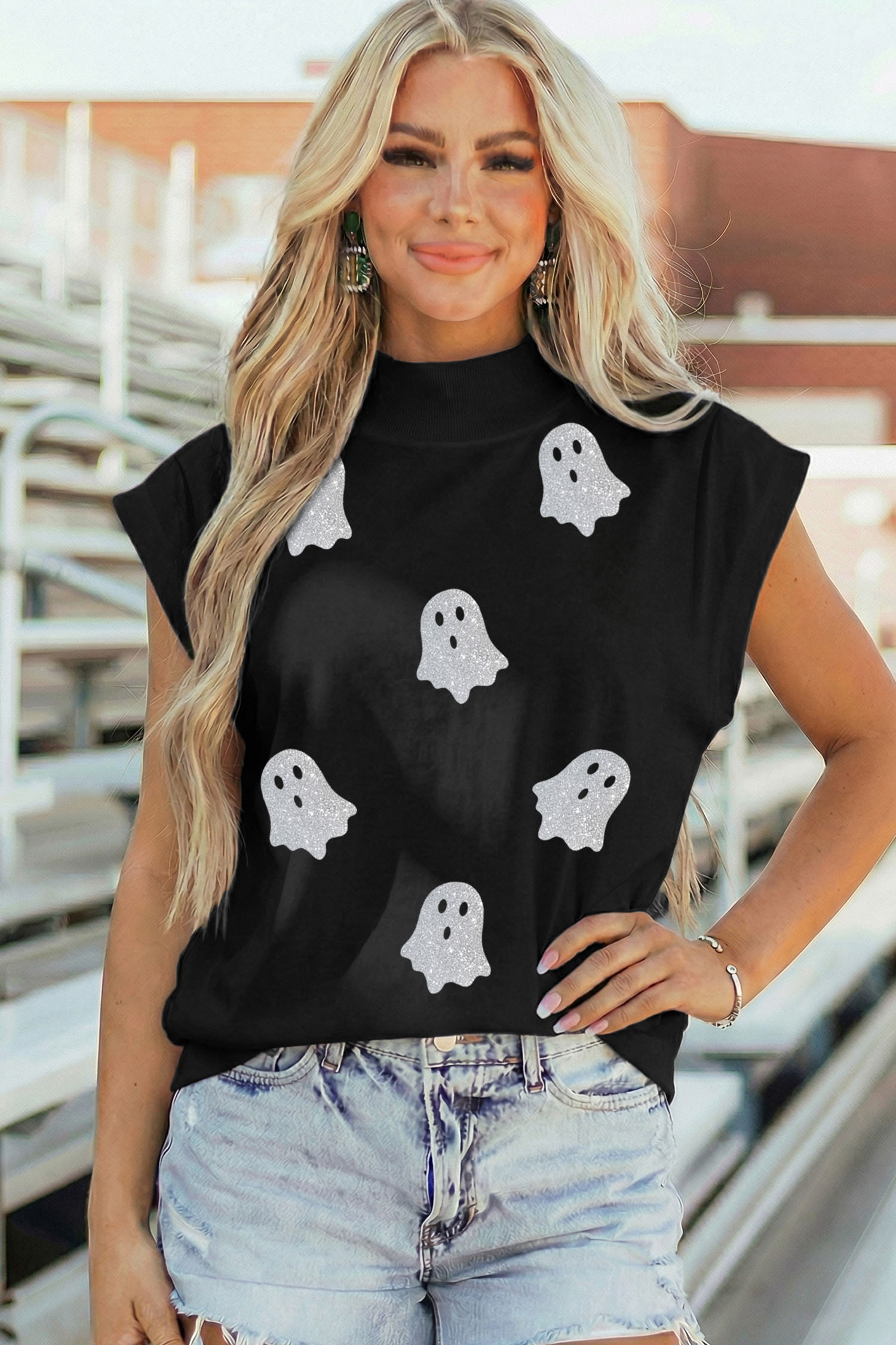 Women's Short Sleeve Ghost Tee, Black Holiday Casual Blouse - Detail View 3