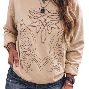 Women's Western Embroidery Sweatshirt, Beige Round Neck Top - Main View