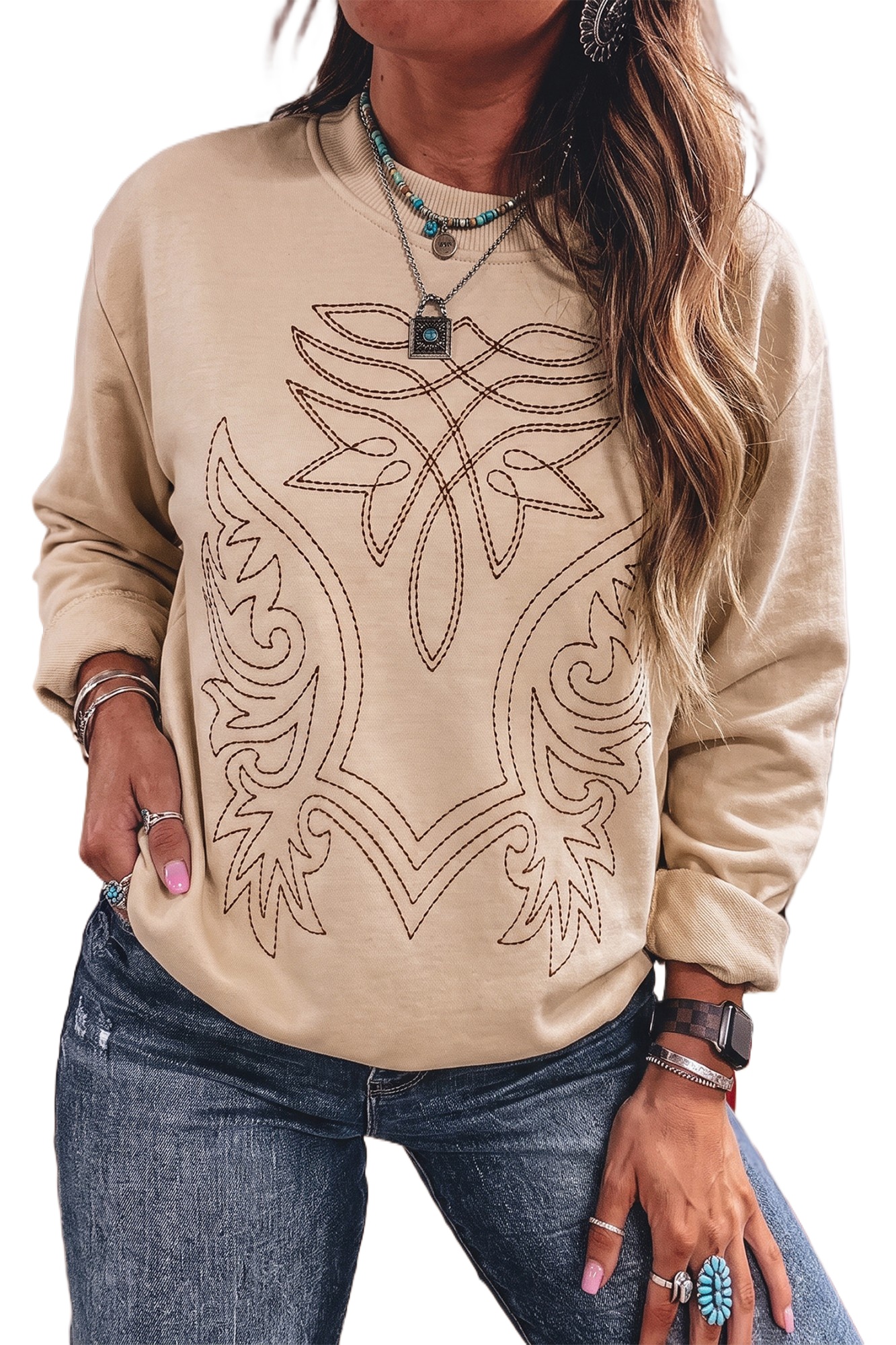 Women's Western Embroidery Sweatshirt, Beige Round Neck Top - Main View