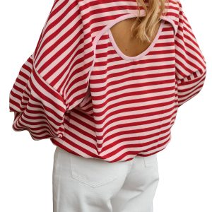 Women's Striped Cutout Back Top, Casual Loose Fall Shirt - Main View