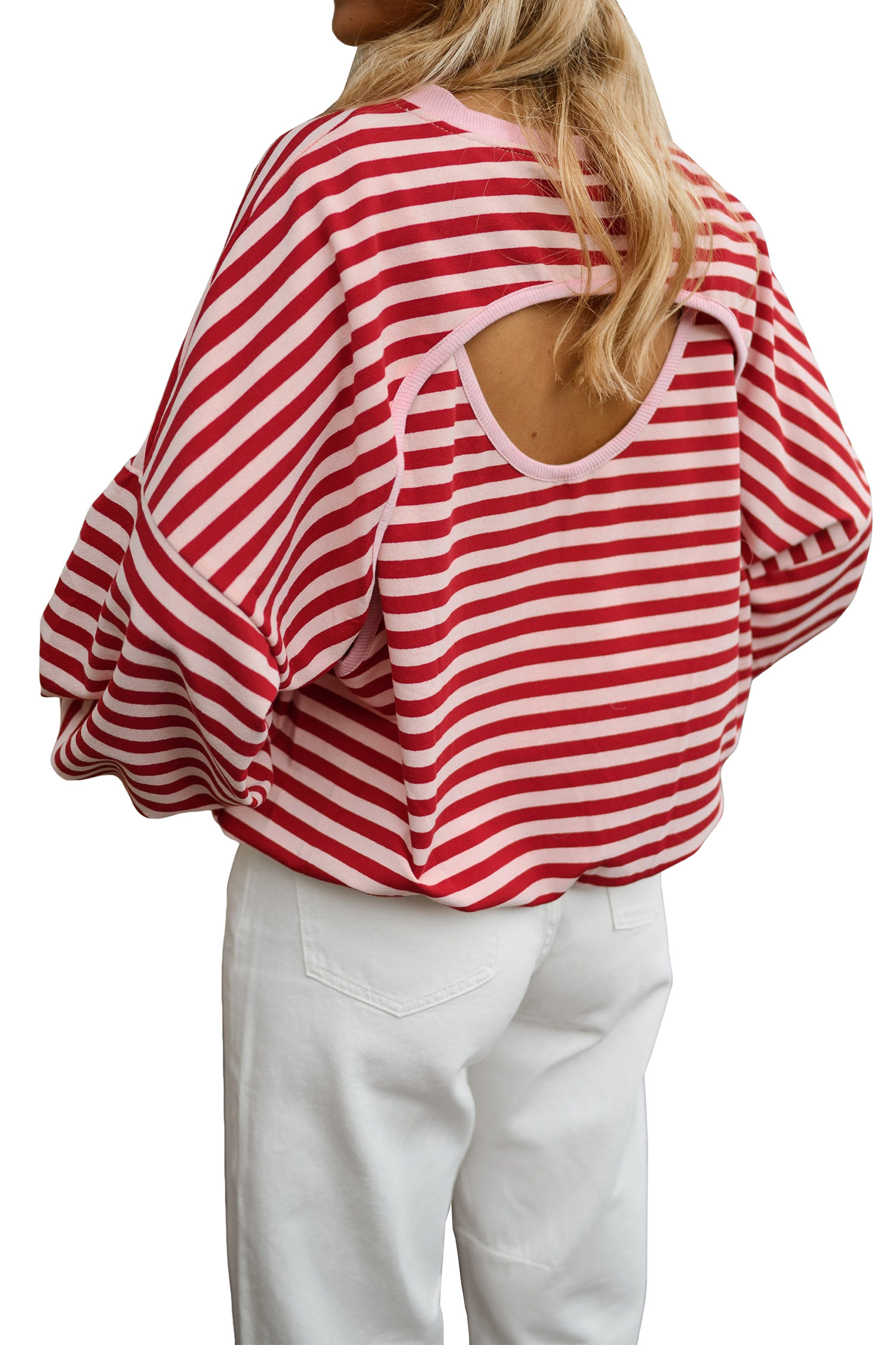 Women's Striped Cutout Back Top, Casual Loose Fall Shirt - Main View