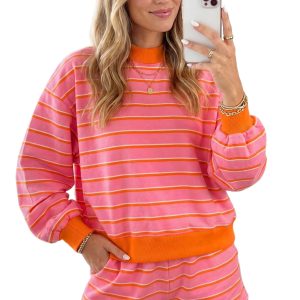 Women's Striped Lounge Set, Long Sleeve Pullover With Shorts - Main View