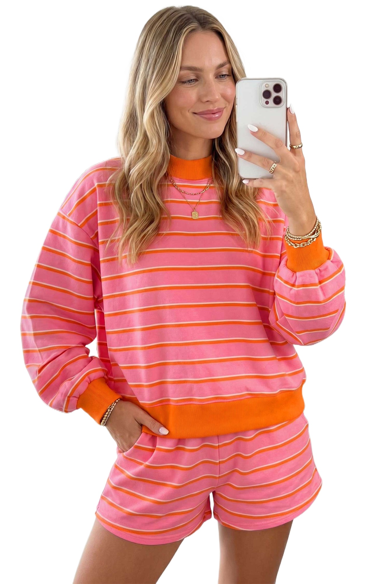 Women's Striped Lounge Set, Long Sleeve Pullover With Shorts - Main View