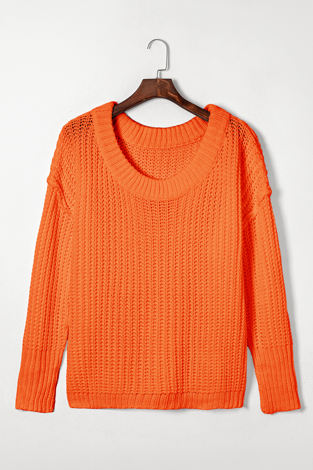 Oversized V Neck Knit Sweater, Cozy Orange Long Sleeve Top - Detail View 5