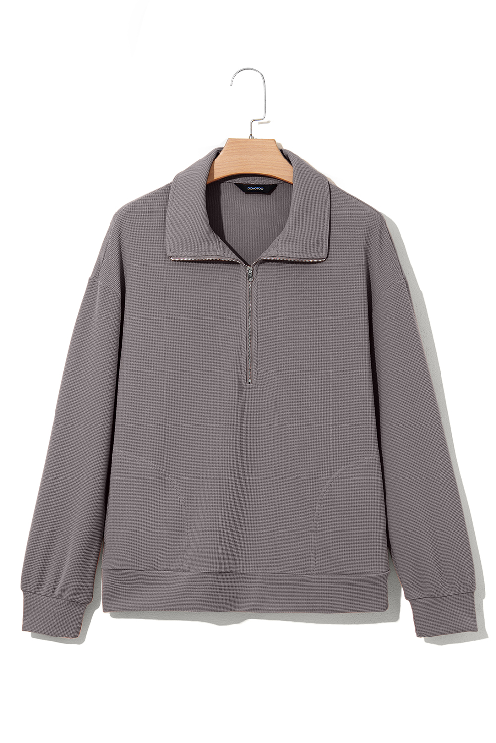 Waffle Knit Half Zip Pullover, Cozy Gray Long Sleeve Shirt - Detail View 8