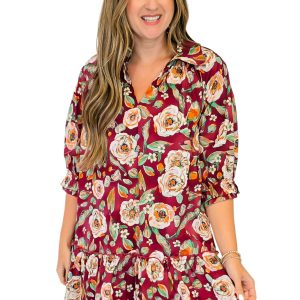 Women's Red Floral Dress, Casual Half Sleeve Ruffle Hem Mini - Main View