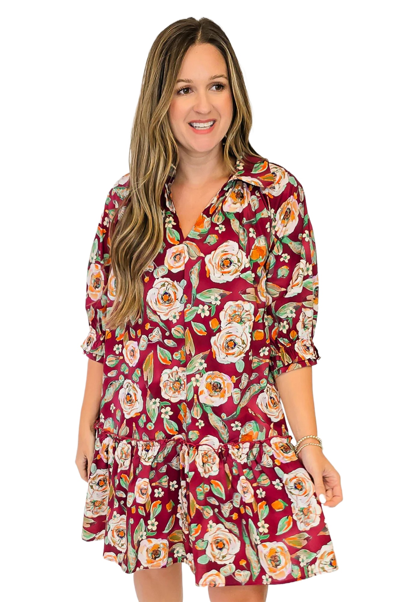 Women's Red Floral Dress, Casual Half Sleeve Ruffle Hem Mini - Main View